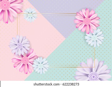 Floral card design with aster and dahlia abstract flowers on pastel geometrical background. Birthday card, wedding invitation banners and posters design template