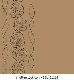 Floral card design with copy space (place for your text). Dashed black and beige roses silhouette seamless pattern. Hand painted vertical sketch with abstract rose flowers in black and beige colors.