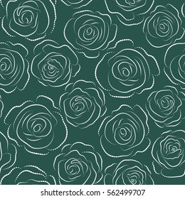 Floral card design. Dashed monochrome roses seamless pattern. Hand painted sketch with rose flowers on a green background.