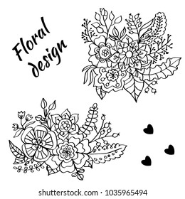 Floral card design, flowers and leaf doodle elements. Spring elements. Floral doodles