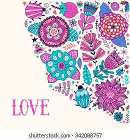 Floral card design, flowers and leaf doodle elements. Illustration made of flowers and herbs. Vector decorative invitation. Spring elements. Floral doodles.