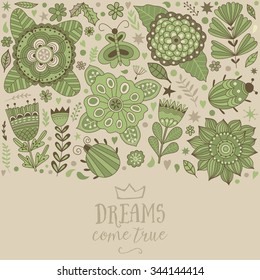 Floral card design, flowers and leaf doodle elements. Illustration made of flowers and herbs. Vector decorative invitation. Spring elements. Floral doodles