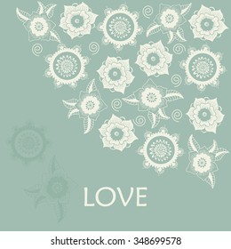 Floral card design, flowers and leaf doodle elements. Vector illustration with place for text.