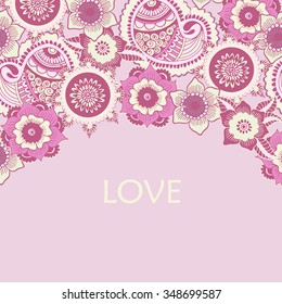 Floral card design, flowers and leaf doodle elements. Vector illustration with place for text.
