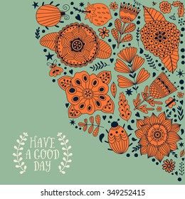 Floral card design, flowers and leaf doodle elements. Illustration made of flowers and herbs. Vector decorative invitation. Spring elements. Floral doodles.