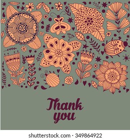 Floral card design, flowers and leaf doodle elements. Illustration made of flowers and herbs. Vector decorative invitation. Spring elements. Floral doodles