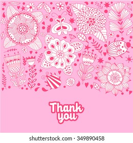 Floral card design, flowers and leaf doodle elements. Illustration made of flowers and herbs. Vector decorative invitation. Spring elements. Floral doodles