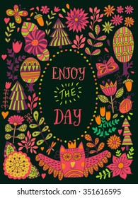 Floral card design, flowers and leaf doodle elements. Illustration made of flowers and herbs. Vector decorative invitation. Spring elements. Floral doodles