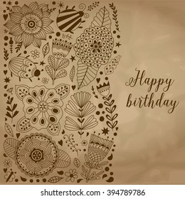 Floral card design, flowers and leaf doodle elements. Illustration made of flowers and herbs. Vector decorative invitation. Spring elements. Floral doodles. 