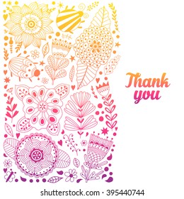 Floral card design, flowers and leaf doodle elements. Illustration made of flowers and herbs. Vector decorative invitation. Spring elements. Floral doodles. 