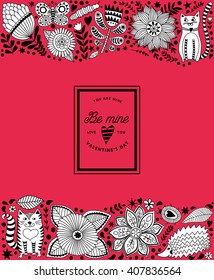 Floral card design, flowers and leaf doodle elements. Illustration made of flowers and herbs. Vector decorative invitation. Spring elements. Floral doodles