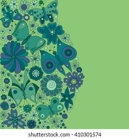 Floral card design, flowers and leaf doodle elements. Illustration made of flowers and butterflies. Spring elements. Floral doodles