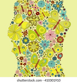 Floral card design, flowers and leaf doodle elements. Illustration made of flowers and butterflies. Spring elements. Floral doodles