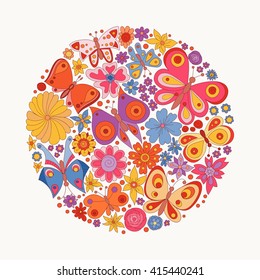 Floral card design, flowers and leaf doodle elements. Illustration made of flowers and butterflies. Spring elements. Floral doodles