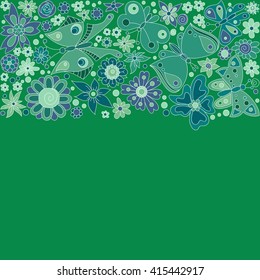 Floral card design, flowers and leaf doodle elements. Illustration made of flowers and butterflies. Spring elements. Floral doodles