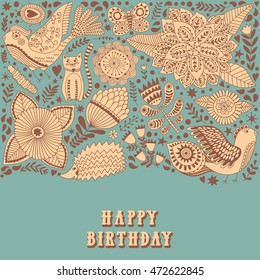 Floral card design, flowers and leaf doodle elements. Illustration made of flowers and herbs. Vector decorative invitation. Spring elements. Floral doodles