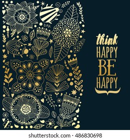 Floral card design, flowers and leaf doodle elements