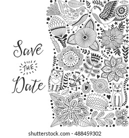 Floral card design, flowers and leaf doodle elements. Illustration made of flowers and herbs. Vector decorative invitation. Spring elements. Floral doodles
