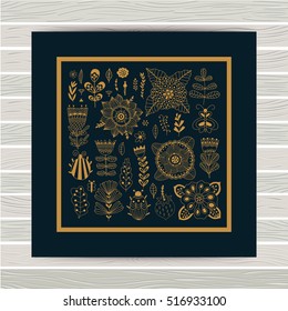 Floral card design, flowers and leaf doodle elements. Illustration made of flowers and herbs. Vector decorative invitation. Spring elements. Floral doodles. 