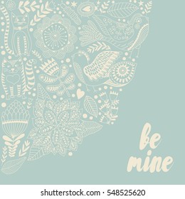 Floral card design, flowers and leaf doodle elements. Illustration made of flowers and herbs. Vector decorative invitation. Spring elements. Floral doodles