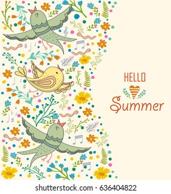 Floral card design, flowers,leaf and birds doodle elements. Illustration made of flowers,herbs and birds. Vector decorative invitation. Spring and summer elements.