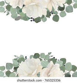 Floral Card Design With Garden White, Creamy Peony, Rose Flower, Silver Eucalyptus Thyme Green Leaves Elegant Greenery Blue Berry Bouquet Border, Frame. Vector Watercolor Style Elegant Greenery Layout