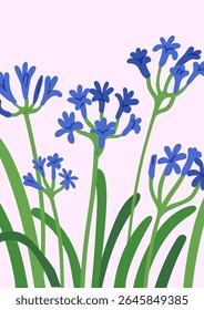 Design de placa floral. Floração de nervos suaves, caules, folhas, fundo de verão. Cartaz de primavera vertical, natureza do jardim com delicadas flores de flores frágeis bonitas. Ilustração vetorial plana botânica