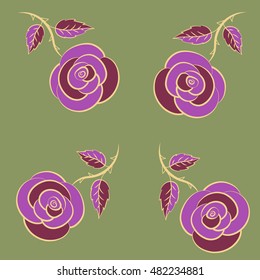 Floral card design. Hand painted sketch with abstract rose flowers in violet, green and purple colors. Watercolor violet, green and purple roses seamless pattern.