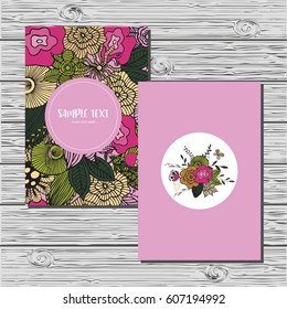 Floral card design, pattern and bunch with flowers and leaf doodle elements. Illustration made of flowers and herbs. Vector decorative invitation. Spring elements. 