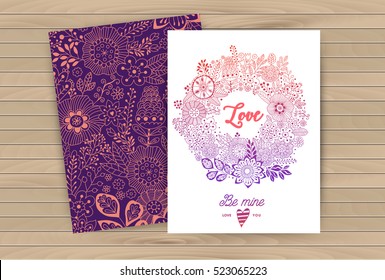 Floral card design, pattern and wreath flowers and leaf doodle elements. Illustration made of flowers and herbs. Vector decorative invitation. Spring elements. Floral doodles for Valentine's Day