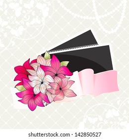 Floral card design with photo frames and a wavy ribbon with a bouquet of pretty pink flowers on a textured grey background