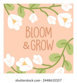 Floral card design. Spring background, gentle blossomed plants, delicate beautiful flower branches. Natural summer square postcard. Tender wildflowers, blooms. Flat graphic vector illustration