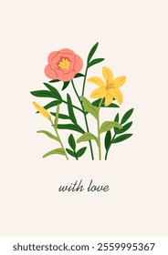 Floral card design. Summer blossoms, delicate beautiful branches. Gentle blooms, garden stems on vertical background, botanical natural postcard with love message. Flat graphic vector illustration