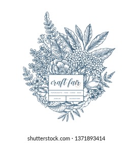 Floral card design template. Spring floral composition. Vintage sketchy style plants. Vector illustration