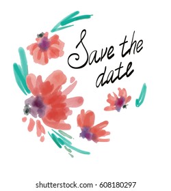 Floral card design template. Watercolor flowers and leaves hand painted isolated on white. Save the date , invitation , birthday card. Vector illustration.  

