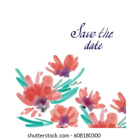 Floral card design template. Watercolor flowers and leaves hand painted isolated on white. Save the date , invitation , birthday card. Vector illustration.  
