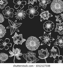 Floral card design. Vector frame with hand drawn blossoming flowers. Wedding invitation template. Vintage spring illustration.