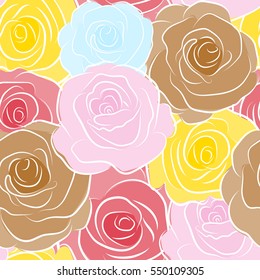 Floral card design. Watercolor pink and yellow roses seamless pattern. Hand painted sketch with abstract rose flowers in pink and yellow colors.