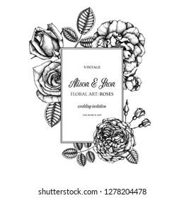 Floral card design. Wedding invitation template. Vintage botanical design with rose flowers, buds, and leaves. Black and white illustration.