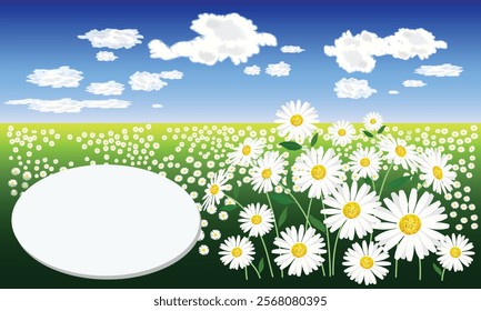 Floral Card Design with White Daisies and Sky Bg. A nature-inspired card design with a field of white daisies and a customizable oval text area. The scene evokes feelings of freshness and joy.