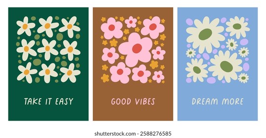 Floral card designs set in retro hippie style. Groovy daisies, flowers, vertical postcards. Trendy botanical posters, wall art, typography, inspiration phrases, quotes. Flat vector illustrations