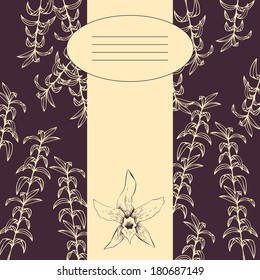 Floral card with drawing branches and orchid, hand drawn vector illustration