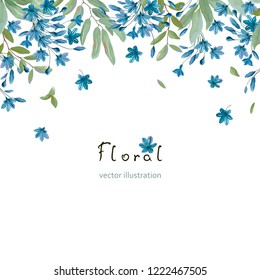 Floral card with falling blue flowers Agapanthus and green leaves on white background. Vector template for your wedding, greeting or invitation design.  