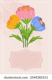 Floral card featuring a bouquet of pink, yellow, and blue flowers with green leaves on a textured background with decorative label for personal text