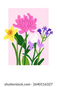 Floral card. Flower blossoms mix, botanical postcard. Summer and spring garden blooms, framed background with chrysanthemum, daffodil, iris bouquet. Floristic colored flat vector illustration