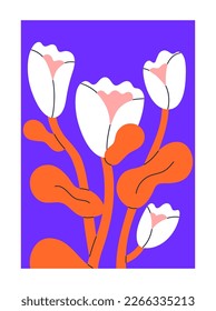 Floral card. Flowers, interior framed wall art, poster. Modern contemporary botanical postcard with blossomed lush buds, gorgeous petals, blooming plant. Trendy colored flat vector illustration