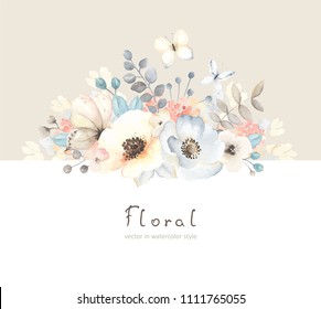 Floral Card With Flowers, Leaves, Branches And Butterfies In Vintage Watercolor Style. Holiday Template For Your Text, Vector Illustration On Beige And White Background.