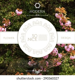Floral card with flowers. Retro frame for identity design. Spring, summer & wedding  illustration with mono line elements. Vector illustration