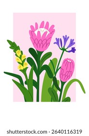 Floral card with garden flowers in frame. Spring and summer blossoms, botanical poster design. Gorgeous gentle blooms, bouquet with protea, vertical floristic background. Flat vector illustration