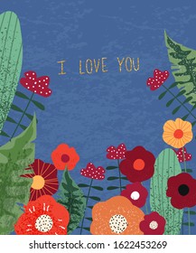 Floral card with glitter quote I love you. Vector hand drawn illustration.
